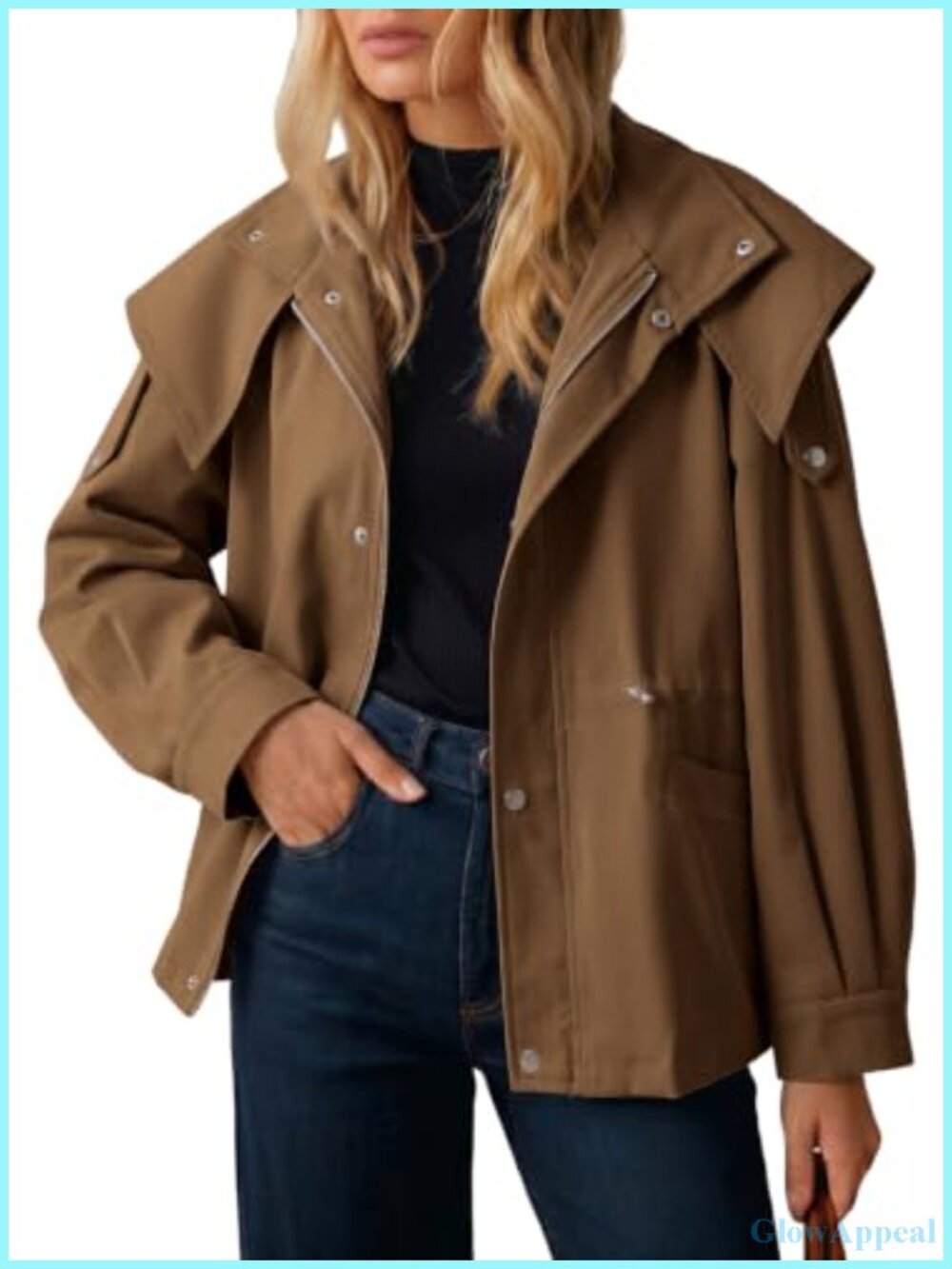 Casual Drawstring Zip Trench Coat Hooded Lightweight Windproof Long Sleeve